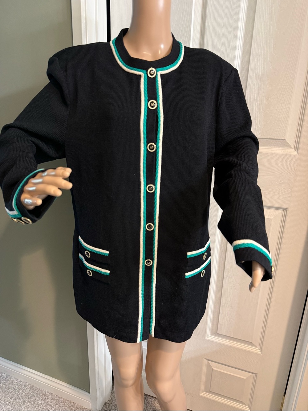 St John by Marie Gray Black Cardigan Blazer Sweater Santana Knit Size 16 Flaw